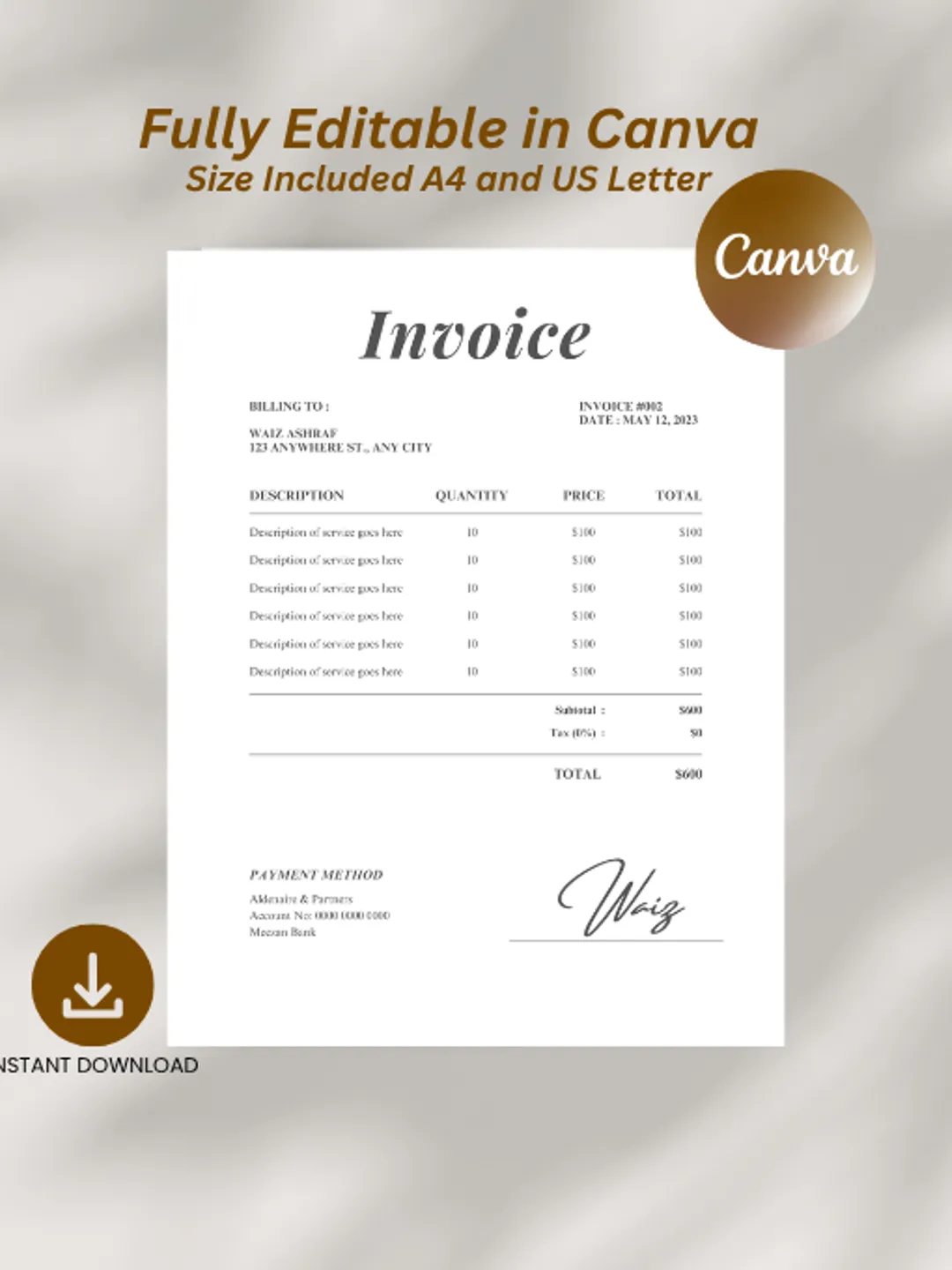 Minimalist Invoice Template, Editable Small Business Form (US Letter ...