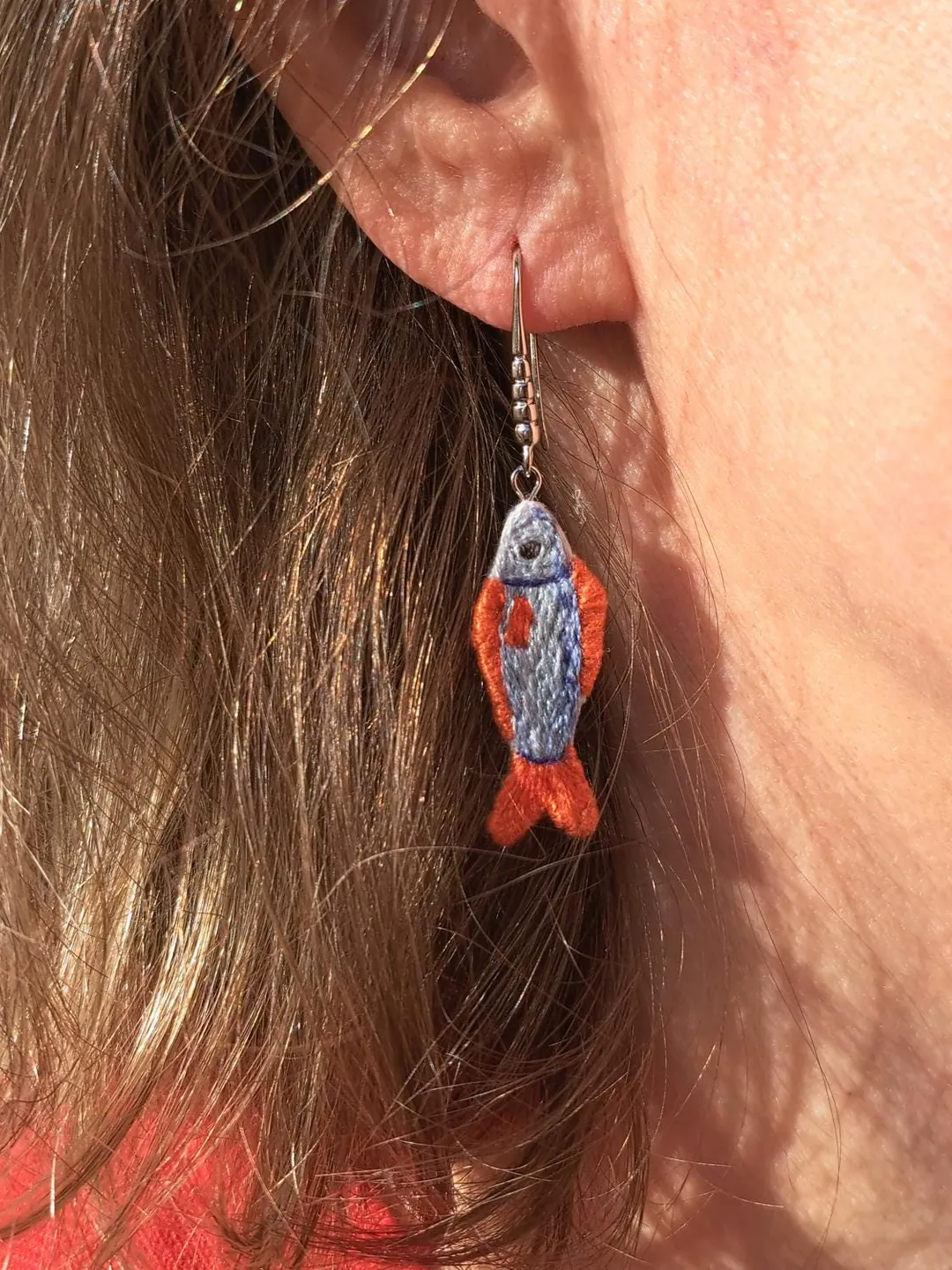 Embroidered Fish Earrings, Handmade Unique Jewelry, Whimsical Handcrafted  Gift, Quirky Jewelry Accessory, Original Gift for Her, Boho Design, image size:1080x1440