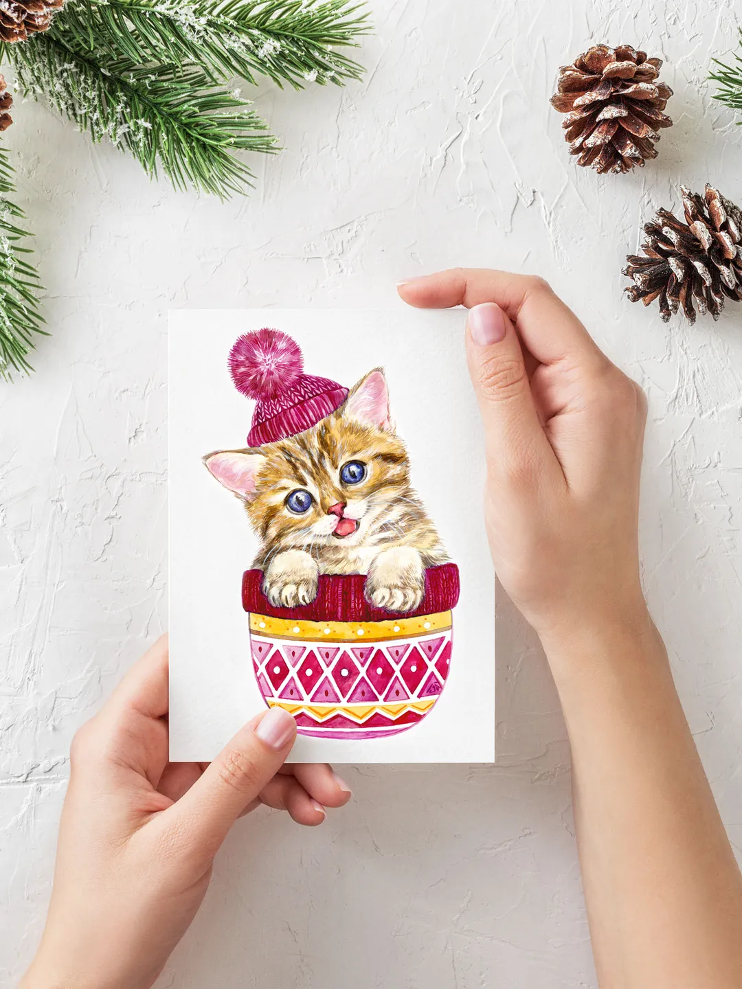 Cute red kitten with blue eyes in a pink knitting hat Art Print, Printable Download, Watercolor Print, Pet Animal, Wall Decor, Prints Wall Art, New Year, Merry Christmas