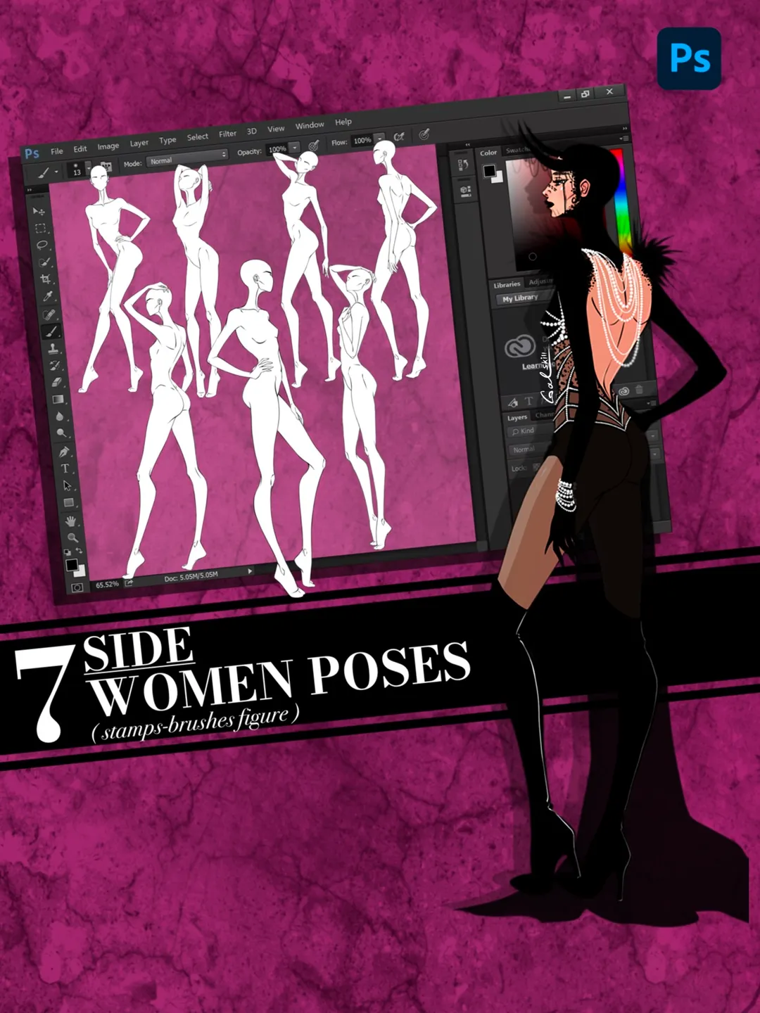Photoshop brush, Body poses of female figure, set "Side"
