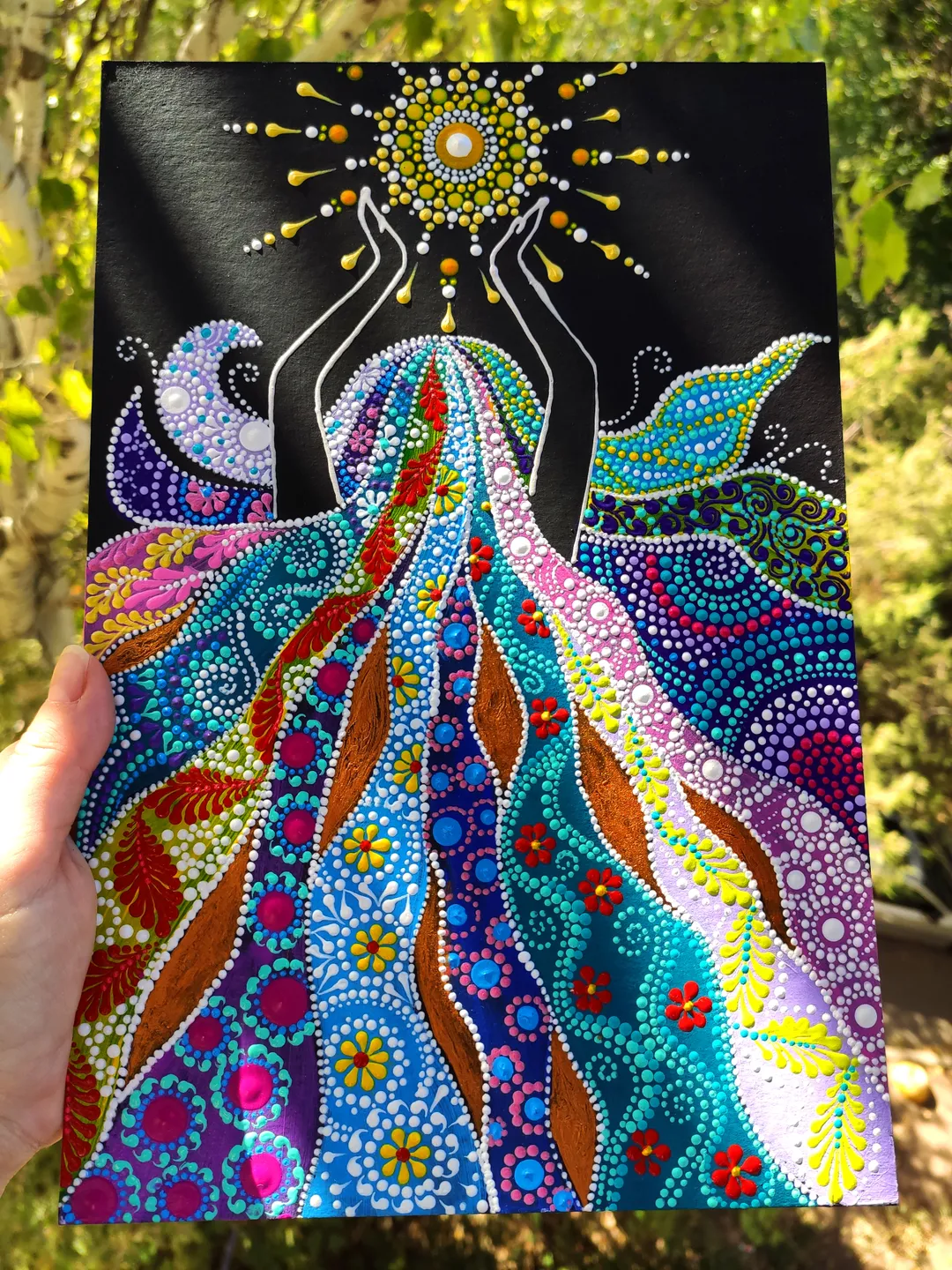 Woman and Sun Acrylic Painting Original Dot Art 24 by 20 cm / 9 by 8''