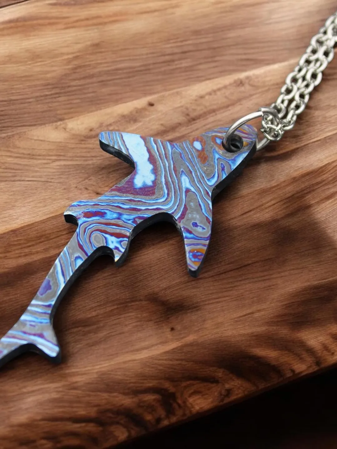 ZircuTi Shark Pendant: Black Timascus Colorful Titanium