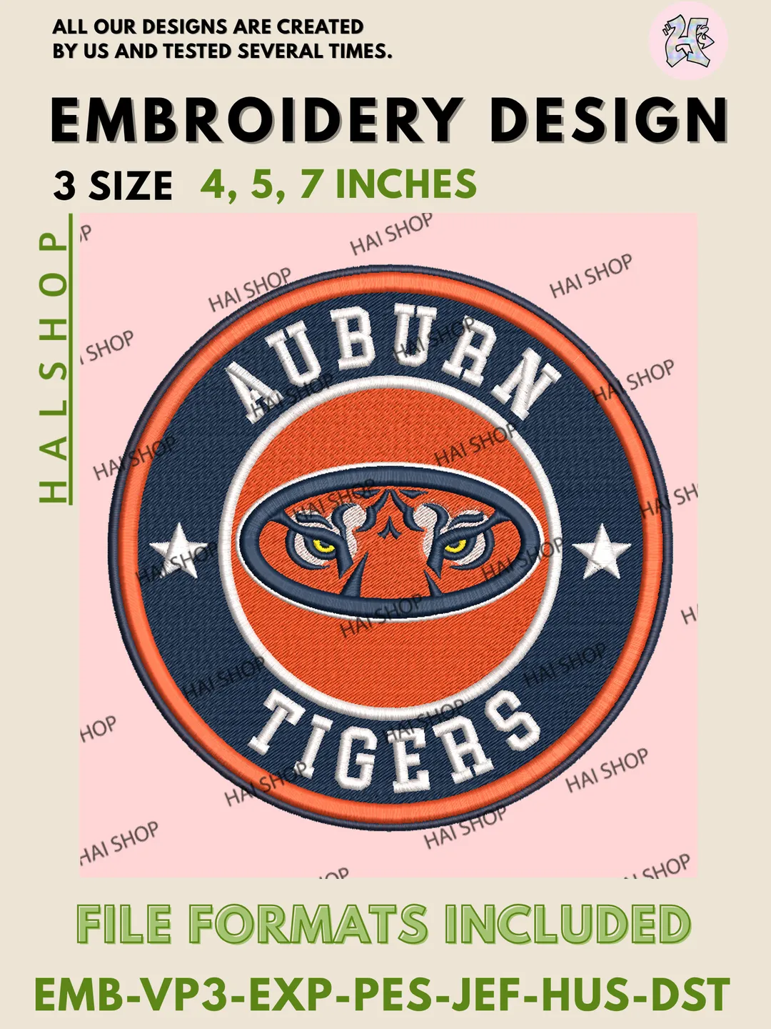 NCAA Auburn Tigers Team Mascot Logo Machine Embroidery Design Files, Auburn University College Team Logo Embroidery, NCAA Machine Embroidery Designs, Digital Download