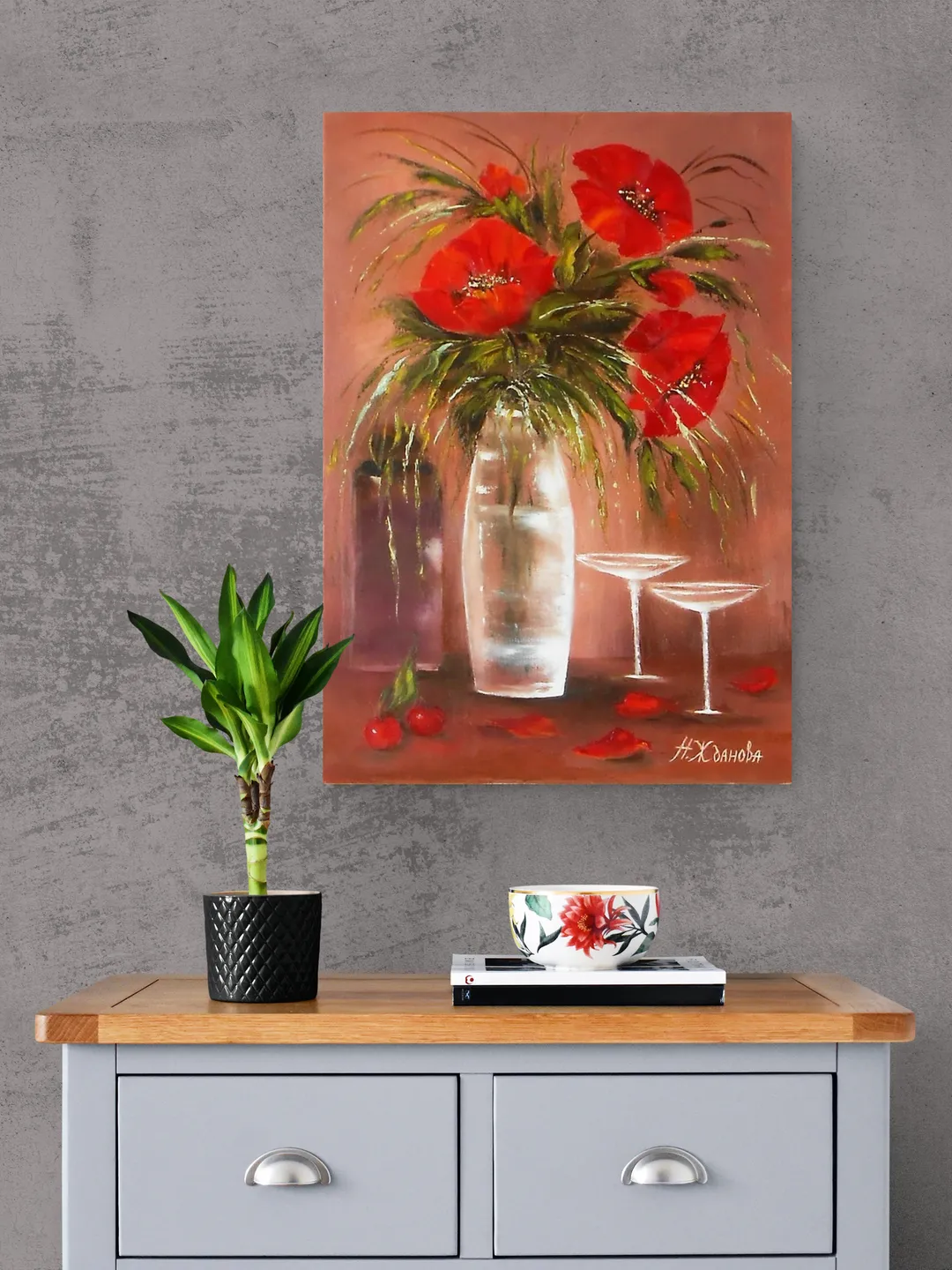 Flowers oil painting on canvas, Poppies painting wall art