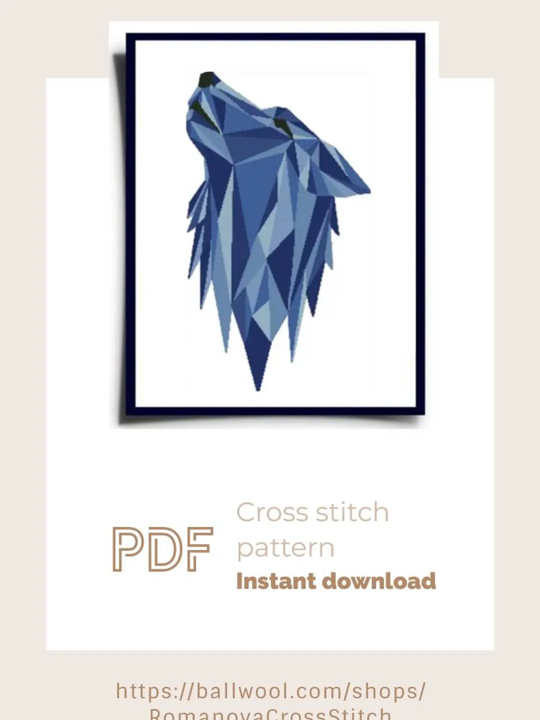 Geometric Blue Wolf cross stitch PDF pattern, Instant download