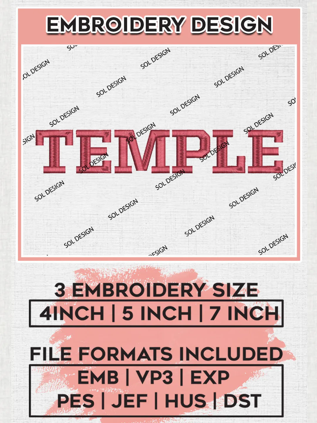 NCAA Temple College Team Word Logo Embroidery Design Files, NCAA Temple Owls Machine Embroidery, NCAA Teams, 3 sizes, NCAA Machine embroidery designs, Digital Download