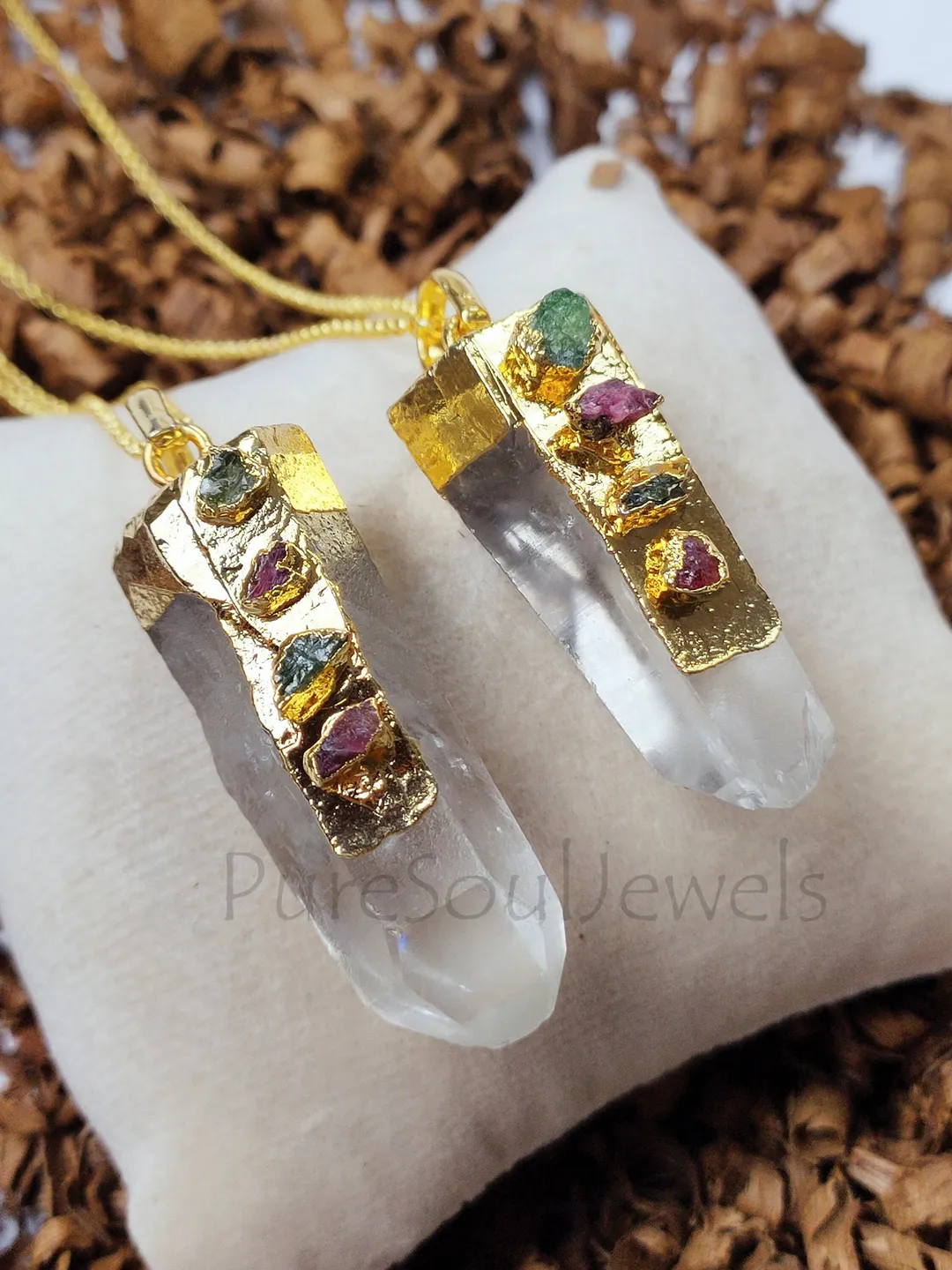 Crystal Quartz and Raw Tourmaline Necklace, Gold Plated Healing Gemstone Pendant