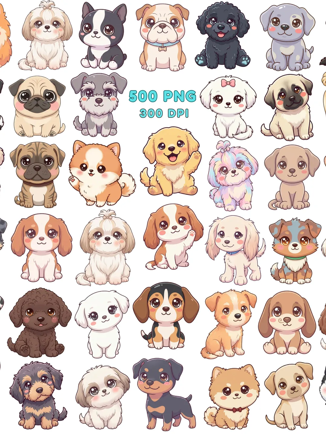 500 PNG Kawaii Dogs Bundle — Dog Clipart Pack, 300 DPI Transparent PNGs ...