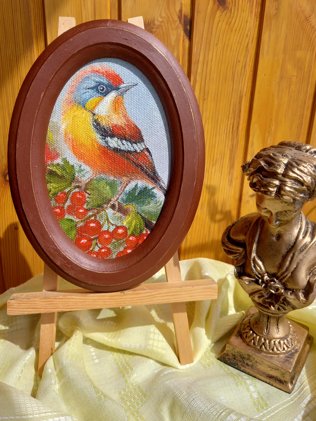 Bird original oil painting with a frame 15.5x21.5 cm