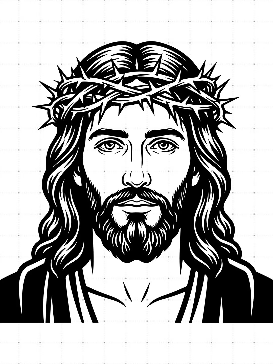 Jesus Crown Of Thorns Bust SVG, Jesus Face Portrait SVG, Christian Faith Robe Cut File, Holy Jesus Head Vector, Religious T-Shirt Design, Savior Graphic for Cricut Silhouette