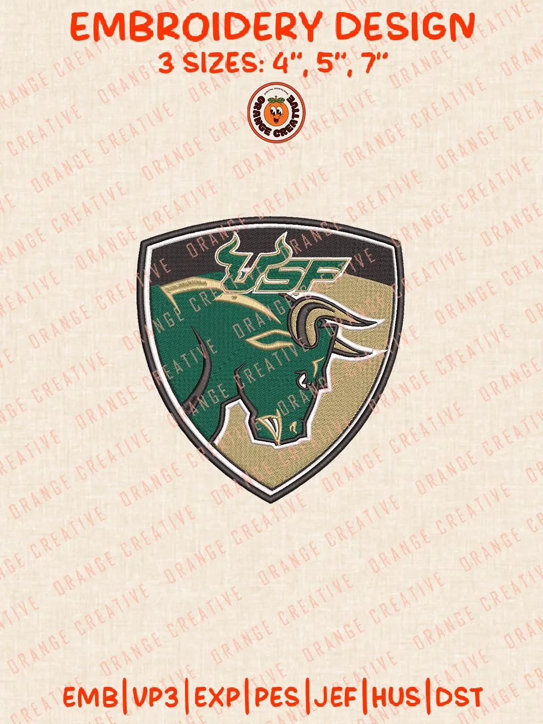 South Florida Bulls NCAA Logos Embroidery Design Files, NCAA Logos Embroidery Designs, Machine Embroidery Files, 4 Sizes, Custom Sizes