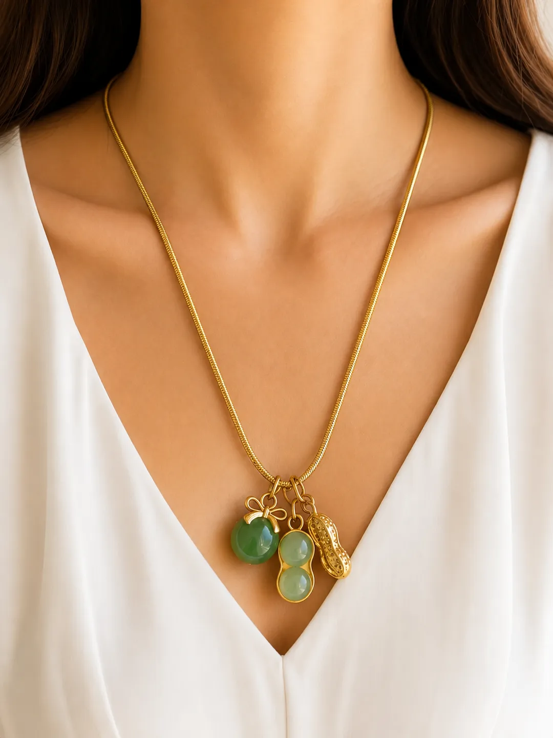 Gold-tone Peanut Charm Necklace, Green Jade-Style Beads, Minimalist Pendant Jewelry