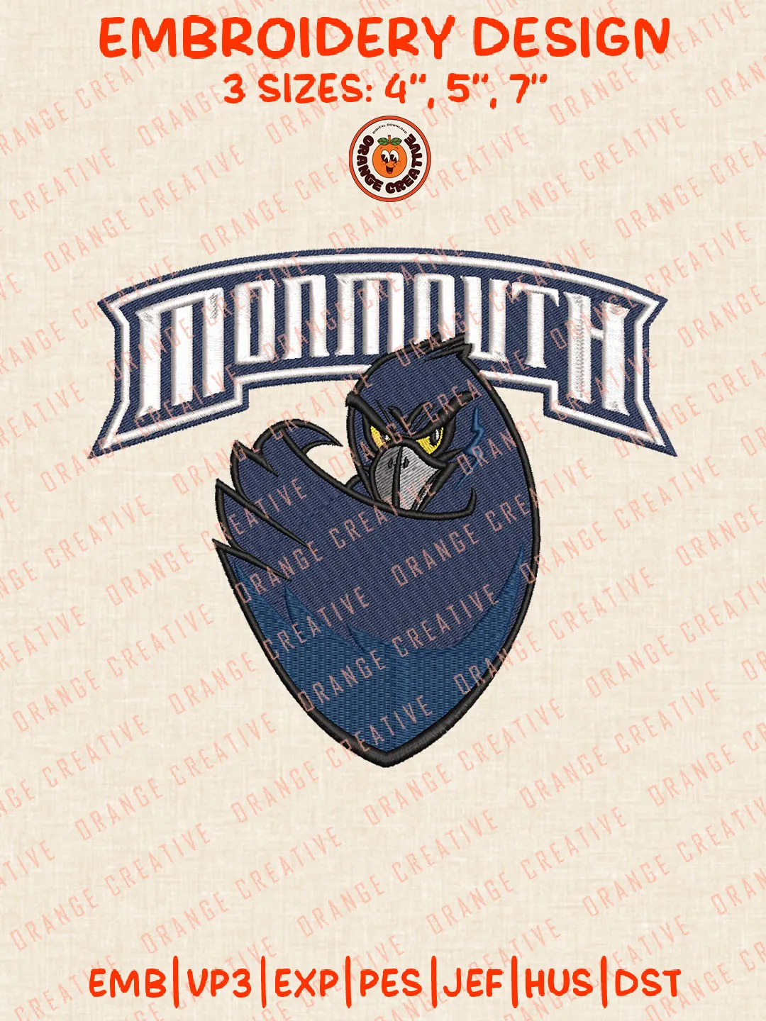 Monmouth Mascot Logo Embroidery Files, Monmouth Hawks Team Embroidery Designs, Football Team Machine Embroidery Files, NCAA Monmouth Machine Embroidery, Digital Download
