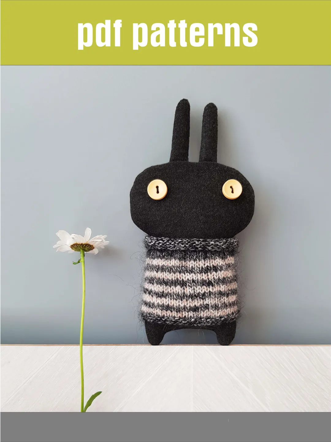 Black Rabbit pattern PDF for sewing and knitting, digital tutorial in english, stuffed animal DIY