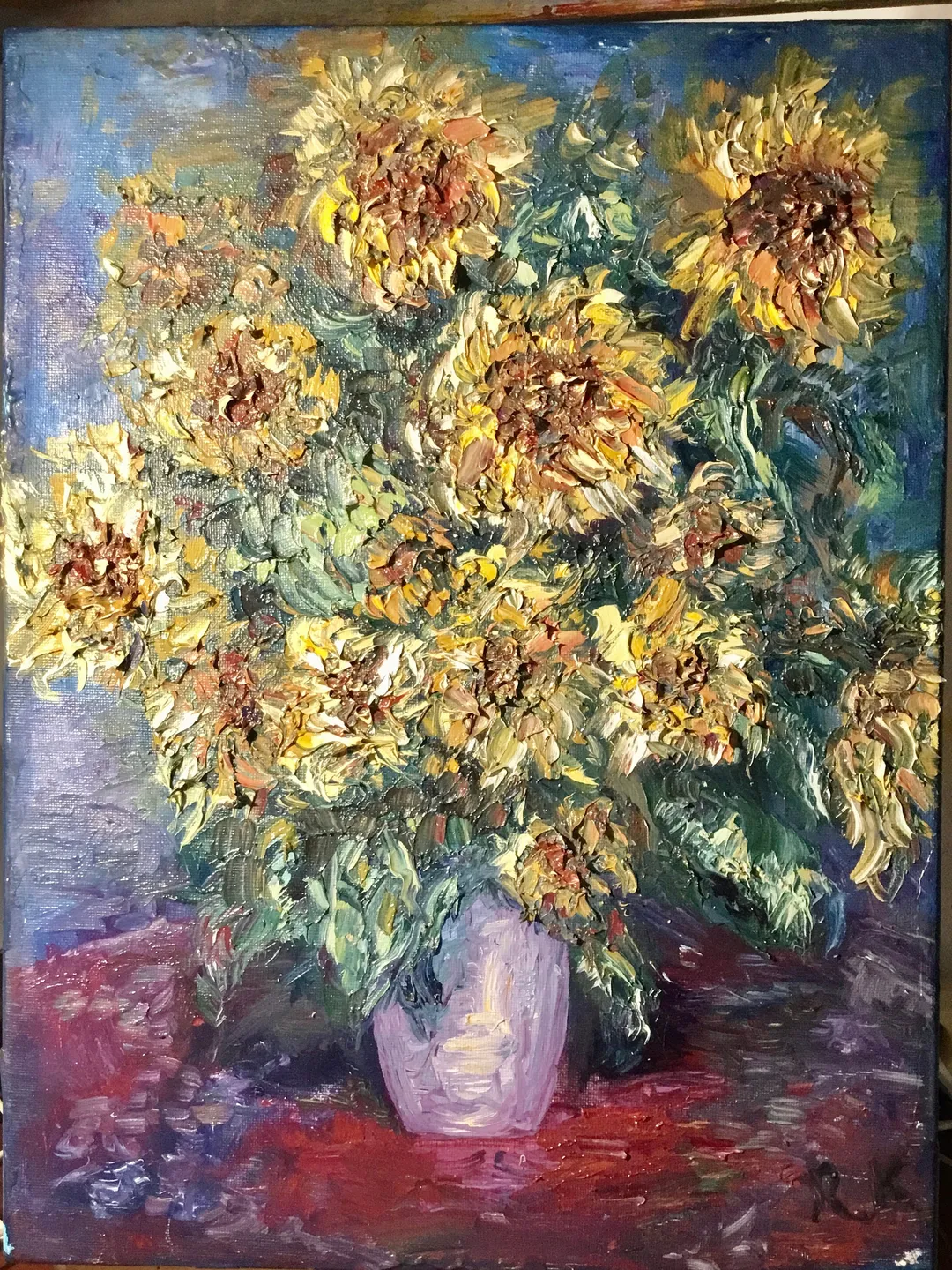 Sunflowers in a vase original impasto textured oil painting on 3 d ...