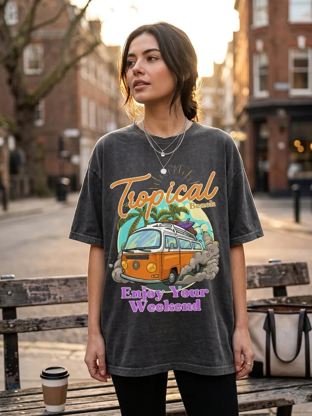 Tropical Beach Weekend T-Shirt Design | Retro Summer Vacation Graphic Tee | Vintage Surf Van Travel Shirt for Men and Women