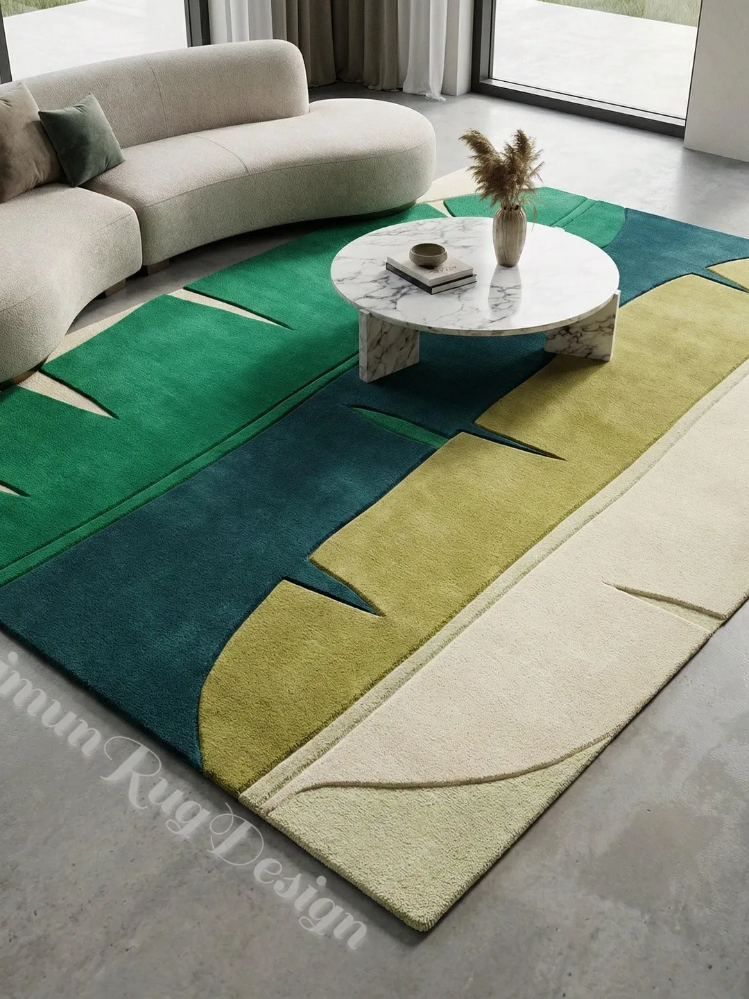 Hand-Tufted Wool Tropical Leaf Rug, Green Abstract Botanical Carpet