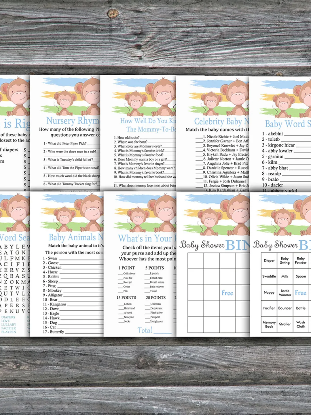 Monkey Themed baby shower games bundle,Jungle Baby Shower games package,Fun Baby Shower Games,9 Printable Games-322