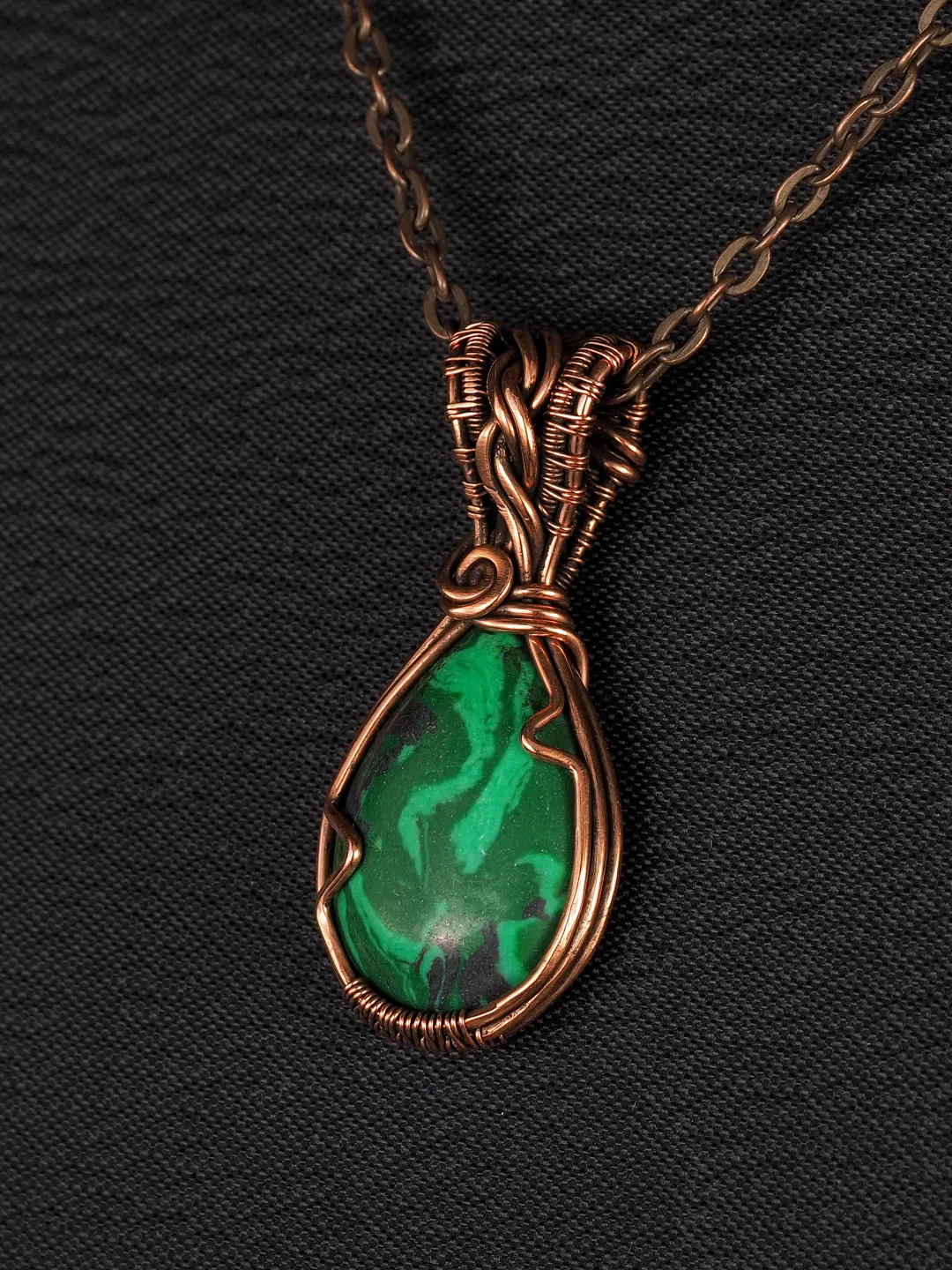 Malachite pendant for women Wire wrapped copper necklace Handmade copper jewelry