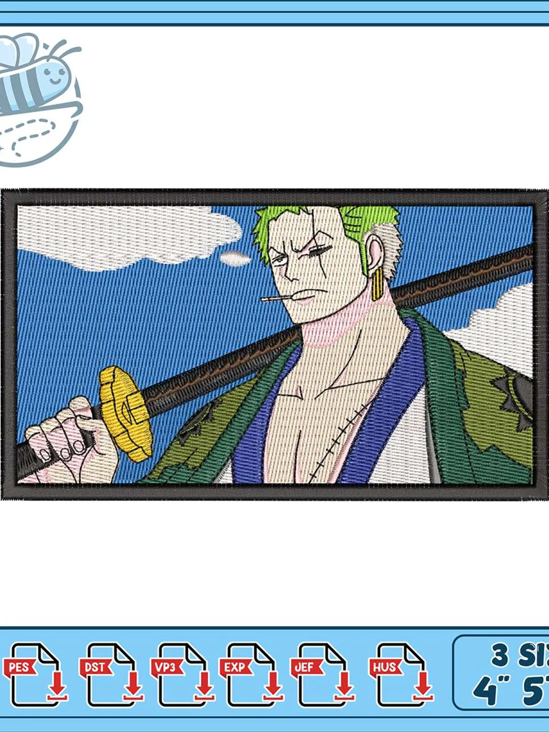 Roronoa Zoro Embroidery Design, Chibi Anime Three Swords Machine