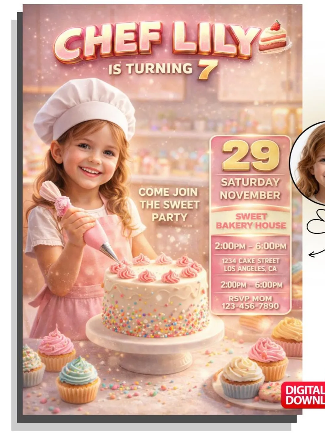 Custom Chef Birthday Invitation with Photo for Girl, Baking Party Invite (Digital Download)