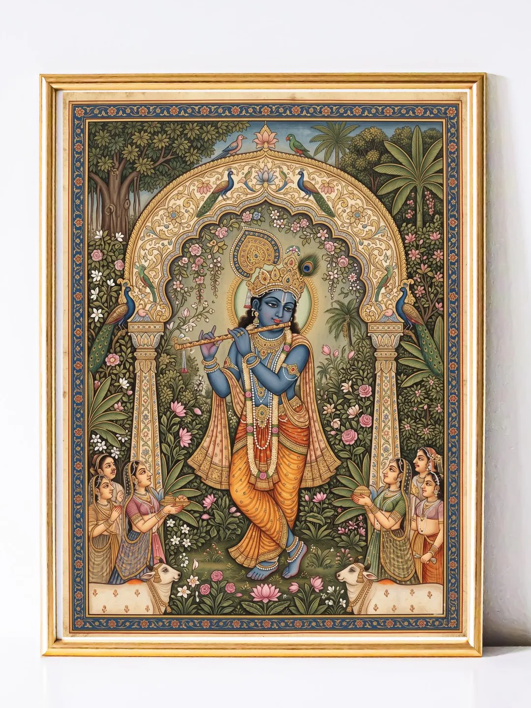 Lord Krishna Playing Flute, Indian Print, Hindu Deity Wall Art, Mythology Painting,