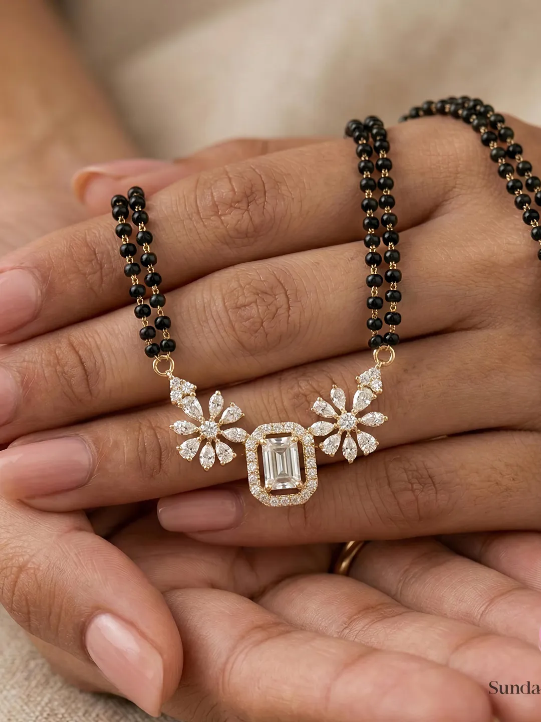 Emerald Cut Diamond Mangalsutra, Moissanite Mangalsutra Necklace, Lab Grown Diamond Mangalsutra, 925 Silver Floral Mangalsutra Gift for Wife