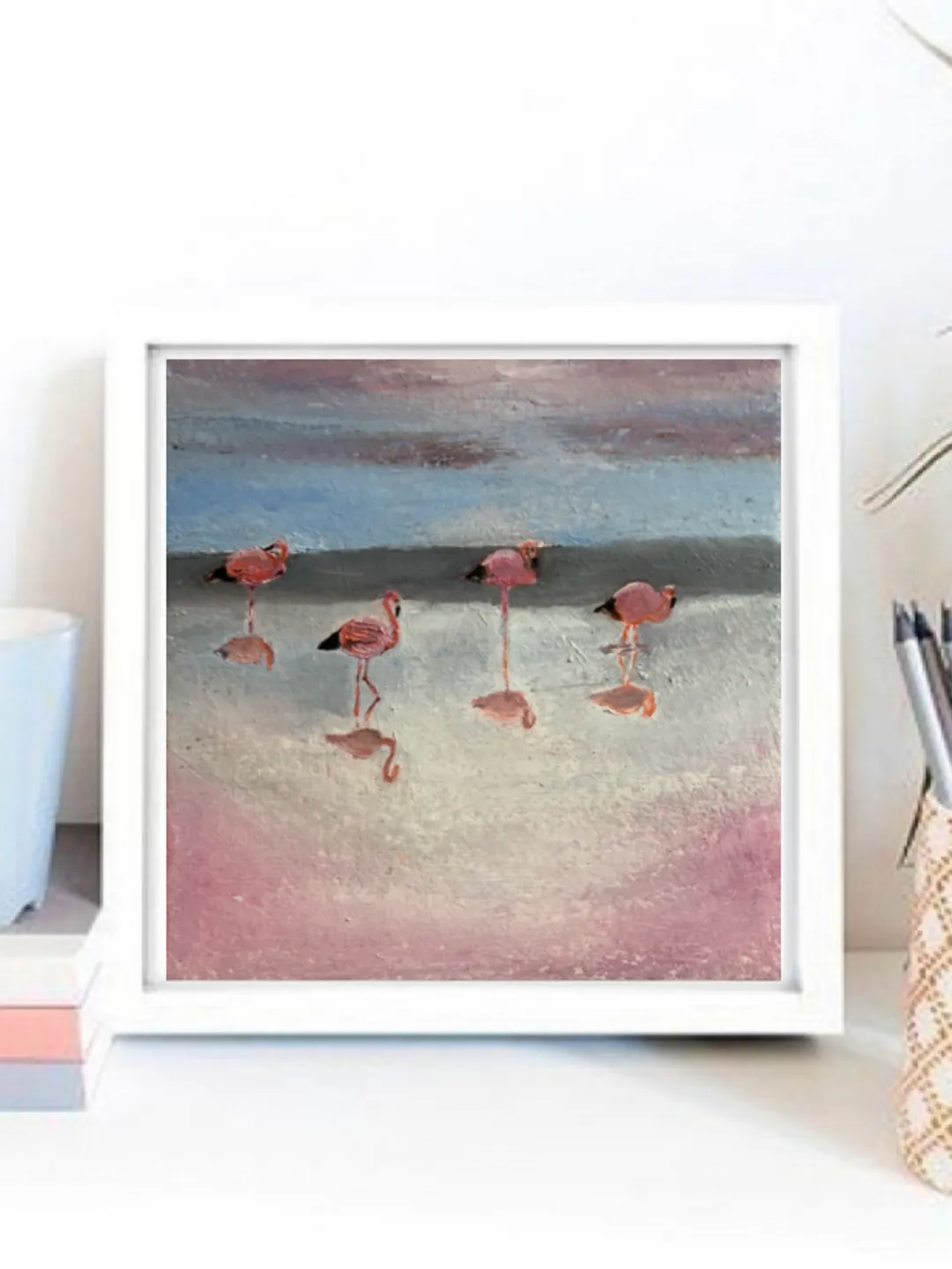 Pink flamingos original oil painting hand painted wall art 6x6 inches