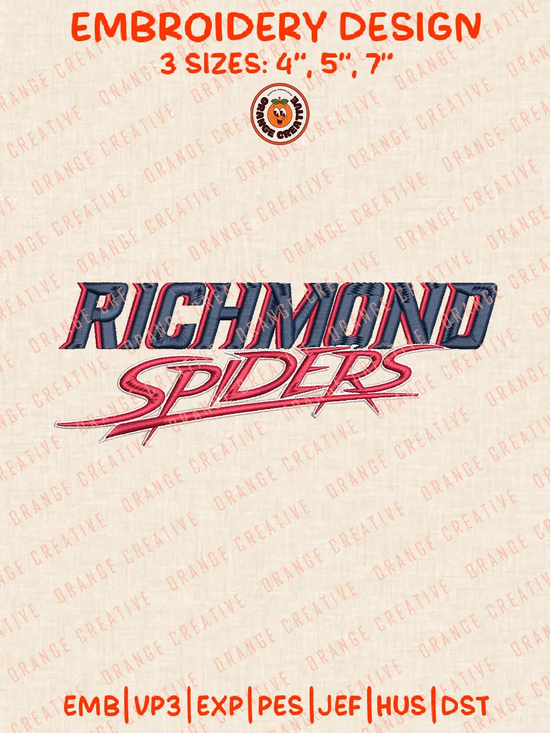 Richmond Spiders Text Logo Embroidery Design Files, NCAA Logos Embroidery Designs, NCAA Machine Embroidery Files, 3 Sizes, Custom Sizes, Instant Download