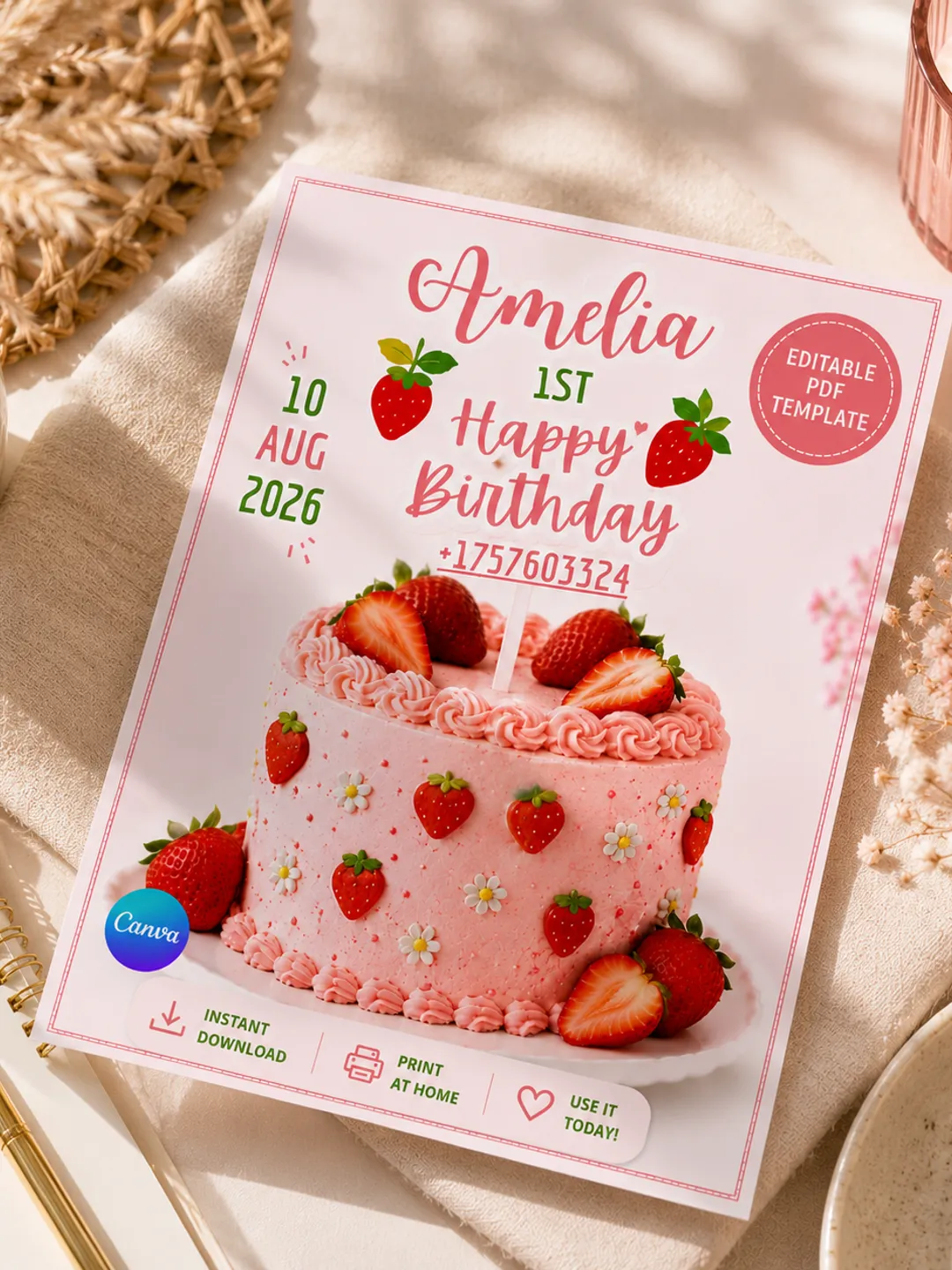 Berry First Birthday Invitation Template, Editable Strawberry First Birthday Invite, Pink Berry Sweet Party Invitation, Canva Digital Download