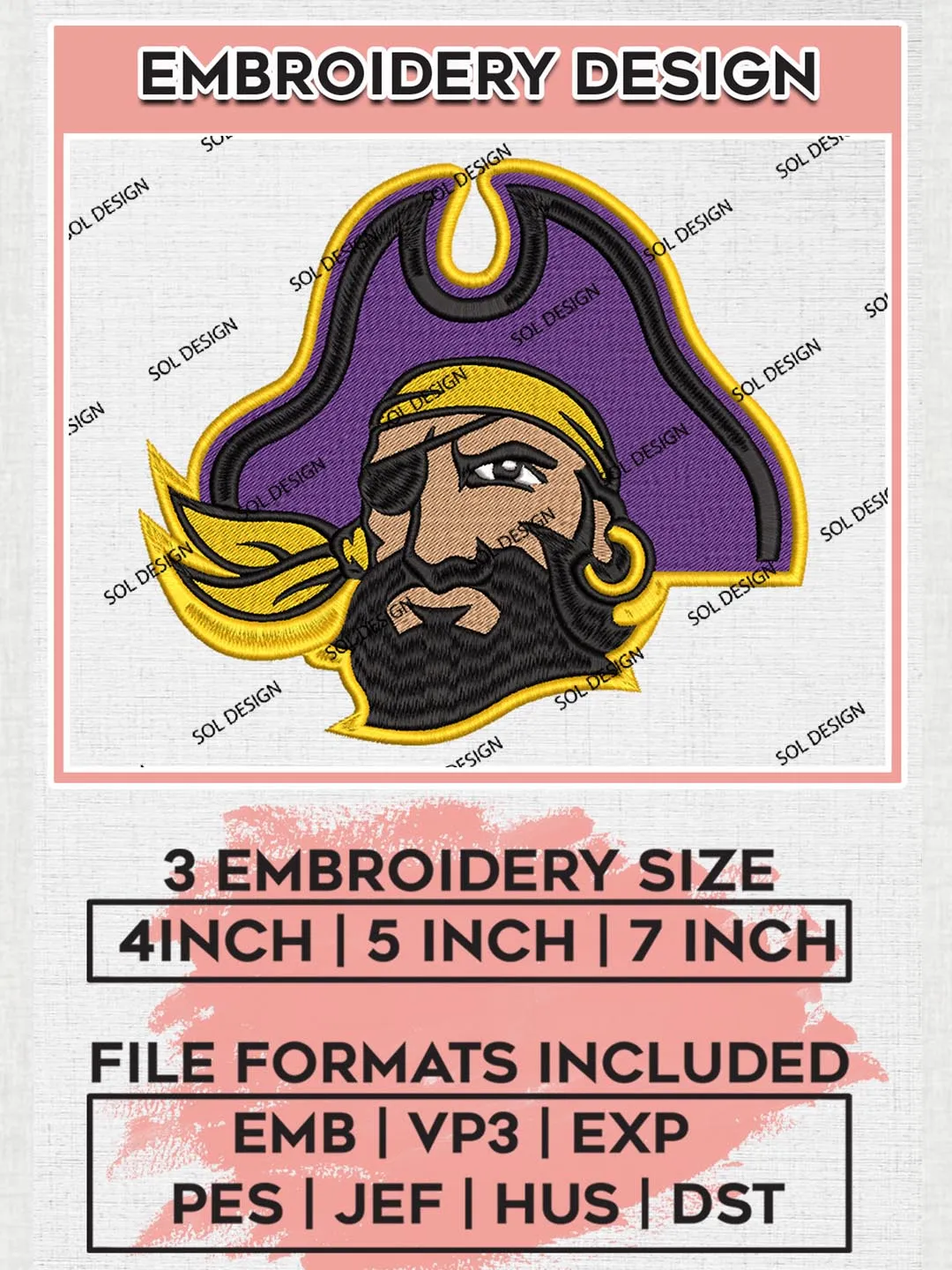 NCAA East Carolina Pirates Mascot Logo Embroidery Files, NCAA East Carolina Pirates Team Embroidery, NCAA Pirates Machine embroidery designs, Digital Download