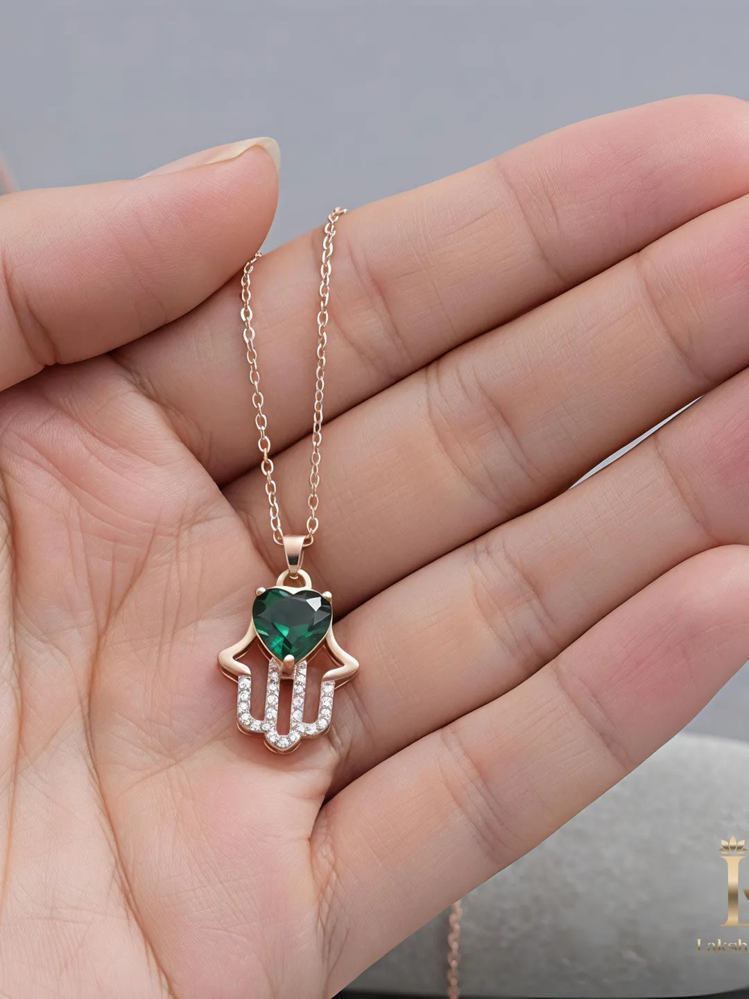 Hamsa Hand Necklace in Stainless Steel • Green Heart Pendant • Rose Gold Protection Jewelry • Waterproof Minimalist Gift for Her