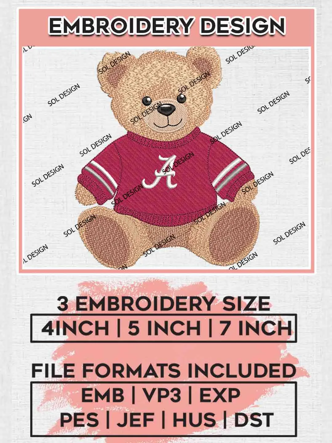 Alab.ama Crimson Tide Teddy Bear Embroidery Design, Football Embroidery files, Sport Machine embroidery files, 3 sizes, Instant Download