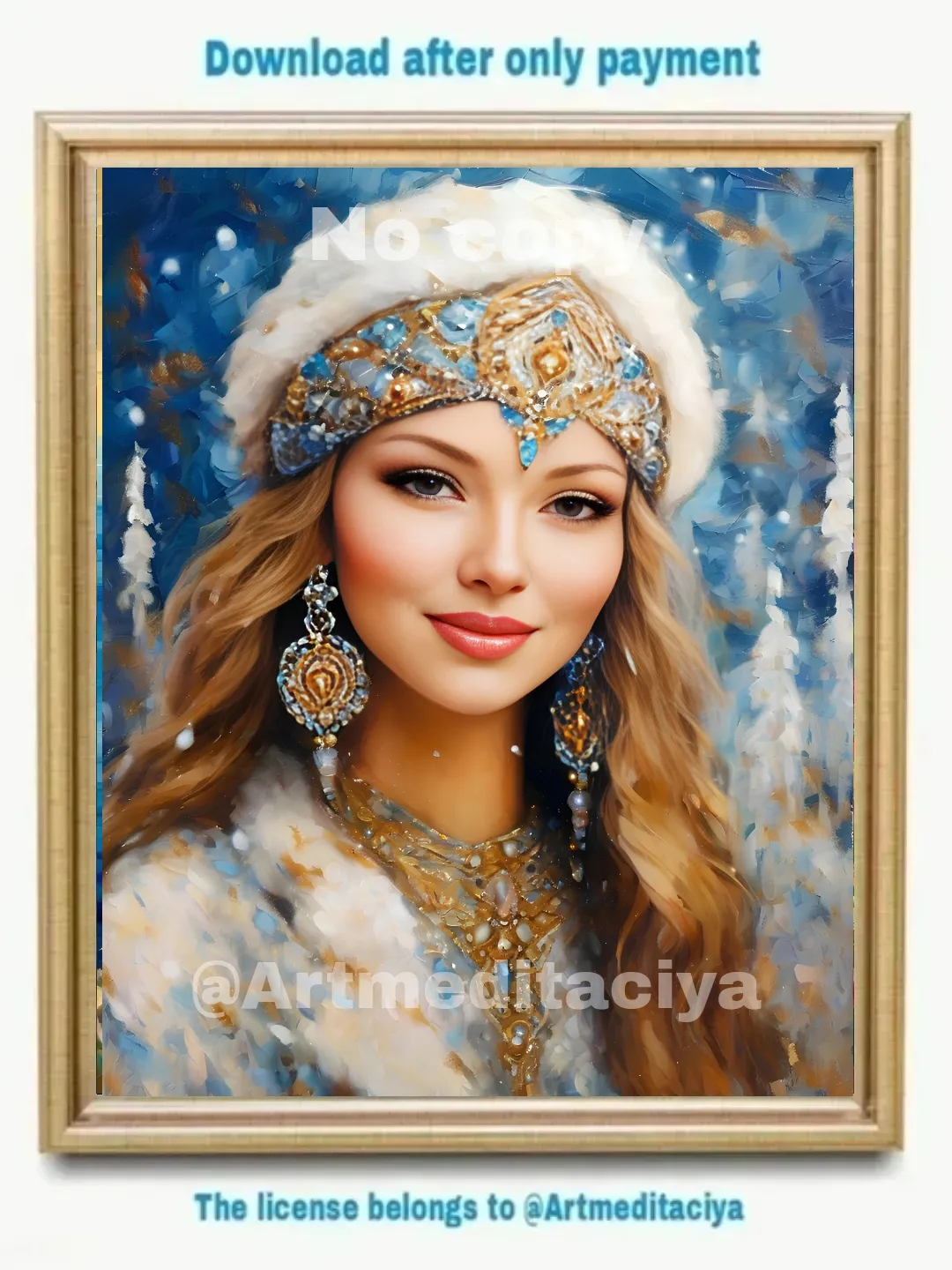 Digital abstract textural painting "Russian Snow Maiden", blonde with blue eyes in a luxurious winter headdress and white fur coat on an abstract background of a winter forest, made in the ethnic style of oil painting with a palette knife