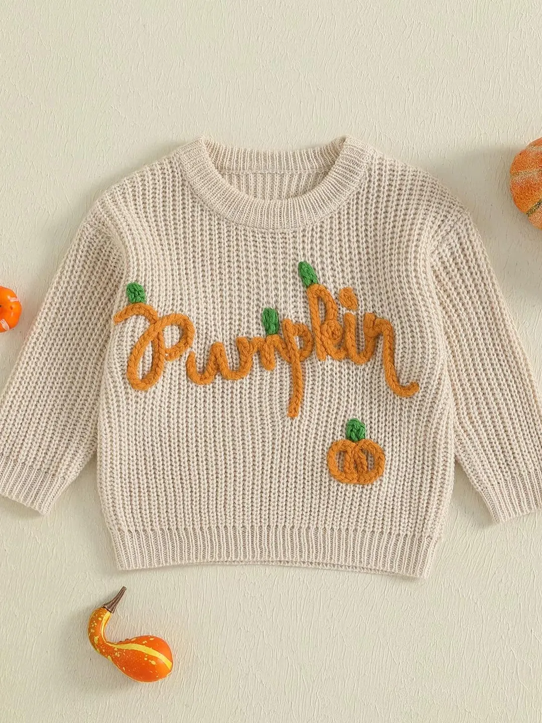 Baby Halloween Sweater Letter Pumpkin Embroidery Long Sleeve Crew Neck Knitwear Pullover, Baby, Homecoming Dress, Fall Sweater Embroidered