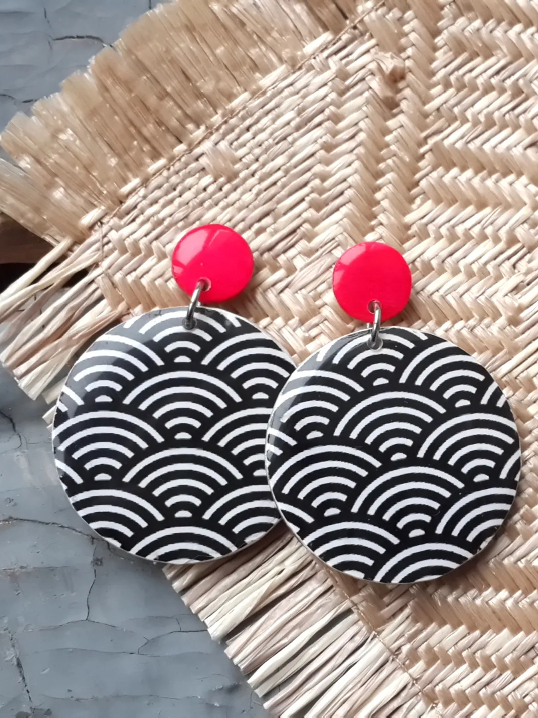 Japanese Wave Pattern Earrings, Round Wooden Earrings, Big Gipsy Earrings, Resin Statement Earrings