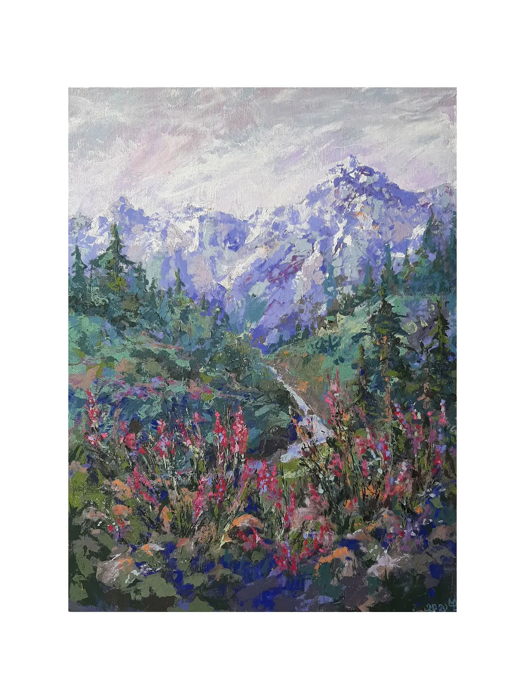 Landscape with mountain flowers ORIGINAL Acrylic Painting 16 x 12" Impressionism Art Signed by artist Marina Chuchko