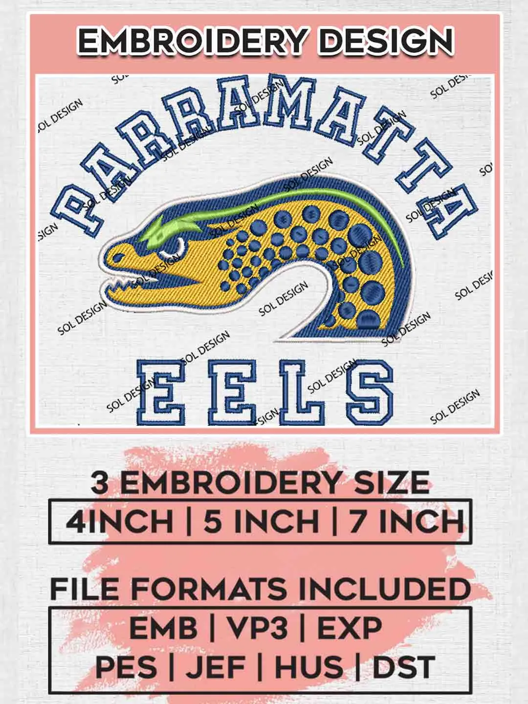 NRL Parramatta Eels Machine Embroidery Design, National Rugby League Embroidery Design, Parramatta Eels Logo Embroidery Design, NRL Machine Embroidery Digitized Pes File, 3 Sizes, Instant Download