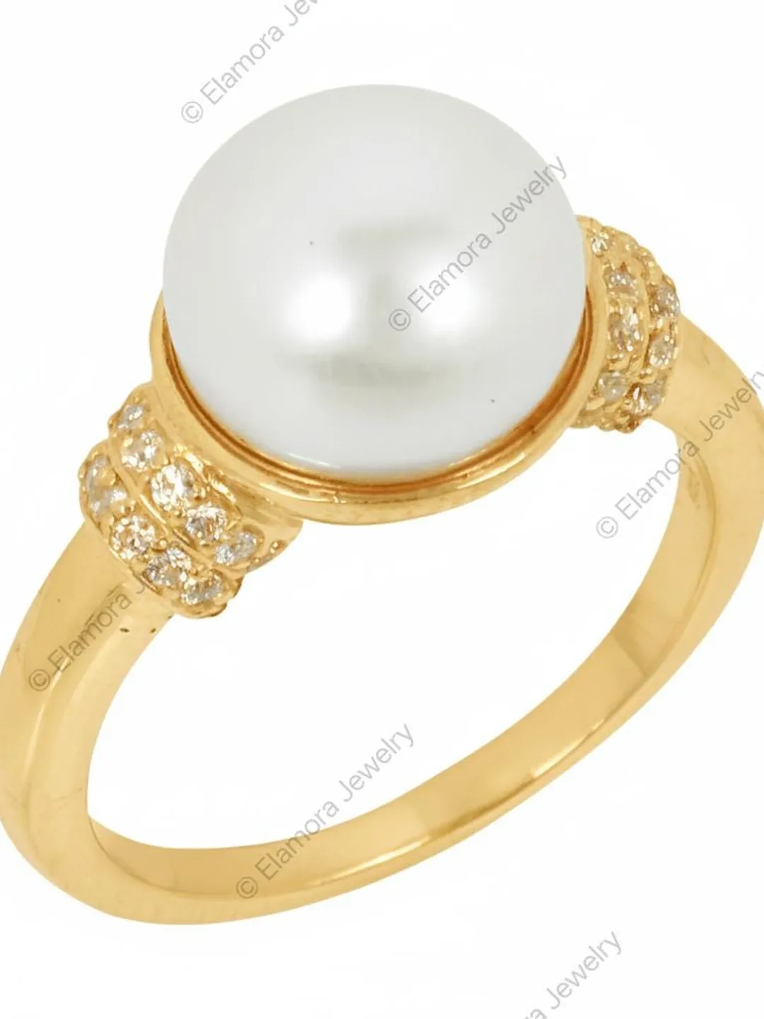 925 Sterling Silver Pearl CZ Ring, Handmade Yellow Gold-Plated Ring ...