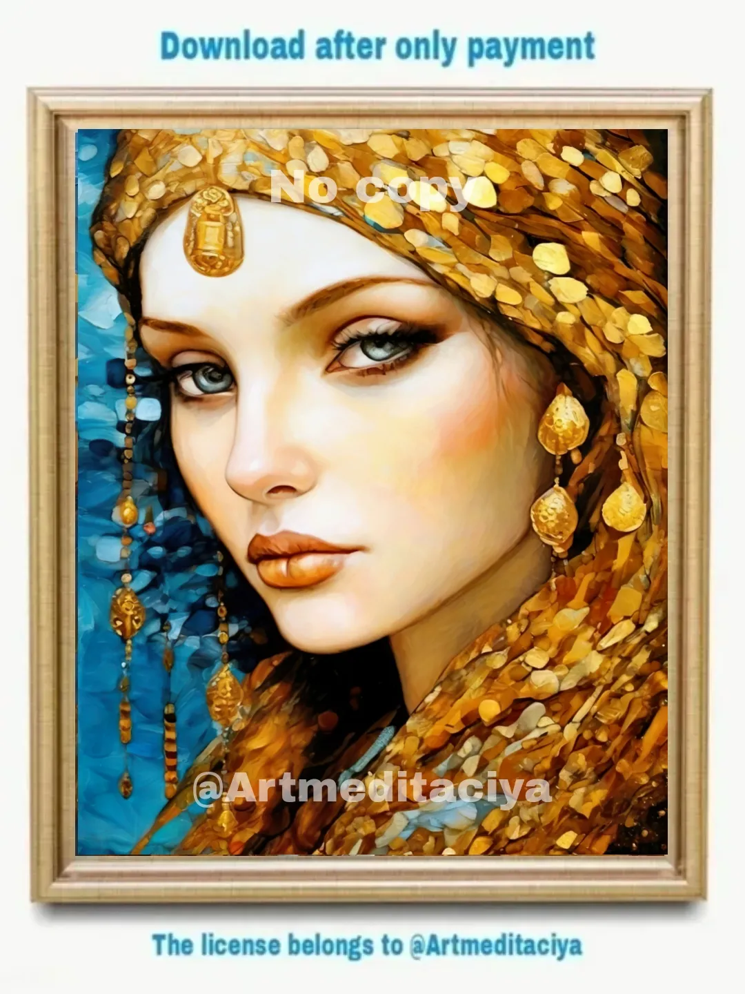 Digital abstract textural modern painting "Slavyanka with gray-green eyes in a gold textured ethnic cape" on an abstract blue-blue background in the style of pasty painting