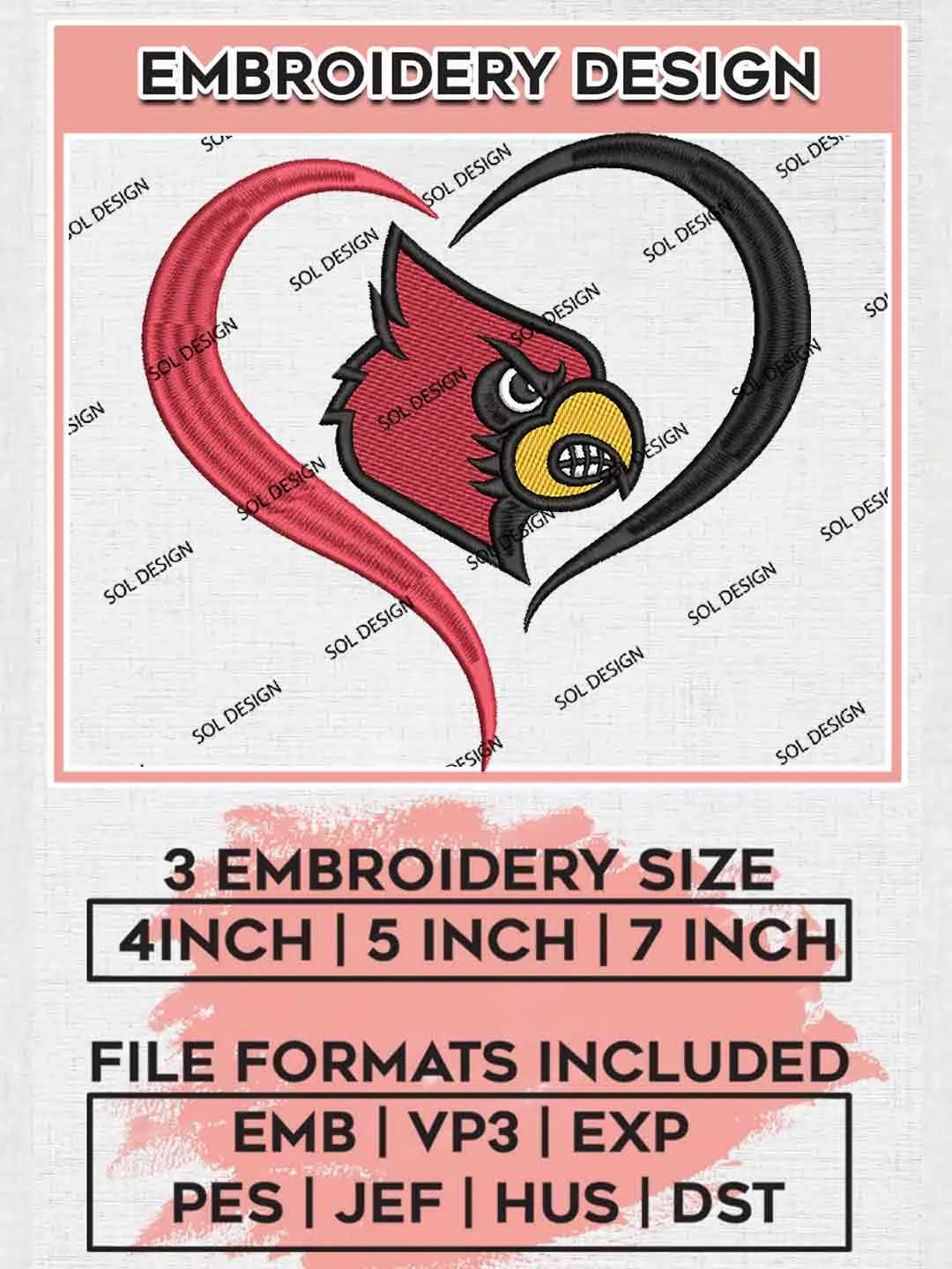 Louisville Cardinals Heart Logo Embroidery Designs, NCAA Louisville Cardinals Logo Embroidery files, NCAA Team, College Football Team Machine embroidery designs, Digital Download