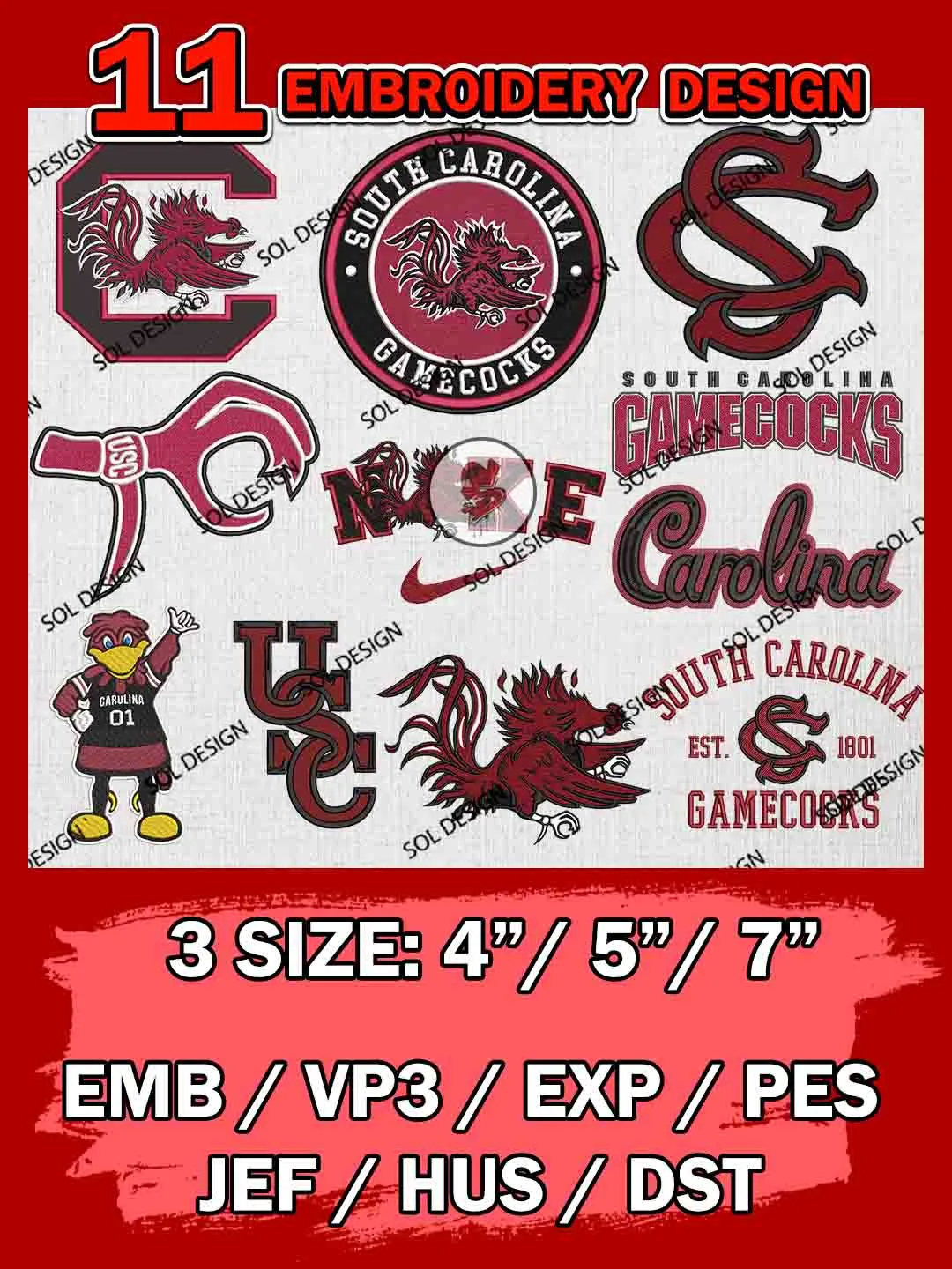 11 NCAA South Carolina Gamecocks Bundle Embroidery Files, NCAA South Carolina Gamecocks Team Bundle Embroidery Designs, NCAA Teams, National College Football Team 3 sizes, NCAA South Carolina Machine Embroidery, Digital Download