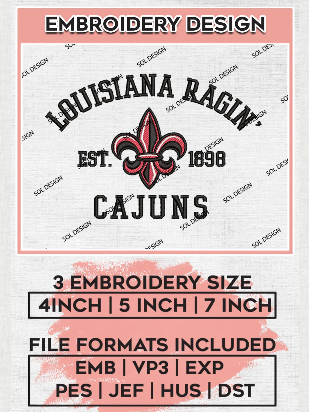 Louisiana Ragin Cajuns Est 1898 Logo Embroidery Designs, NCAA Louisiana Ragin Cajuns Team Embroidery, NCAA Team Logo, 3 sizes, Machine embroidery Files, Digital Download