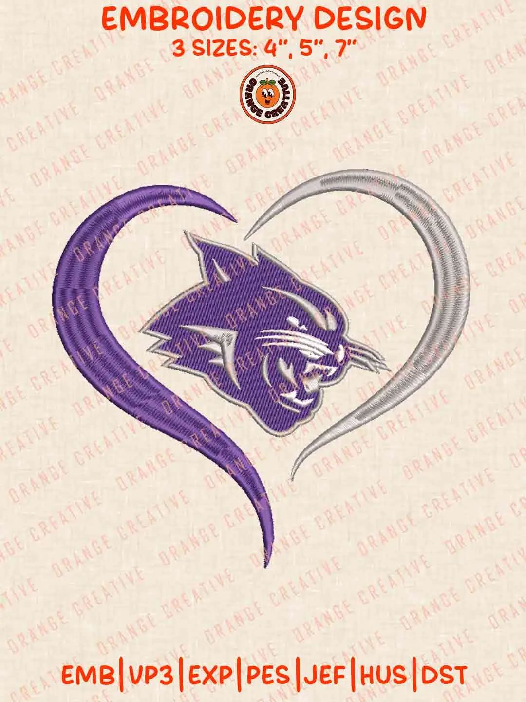 Abilene Christian Wildcat Heart Embroidery Design Files, Football Embroidery Designs, Sport Machine Embroidery Files, 3 Sizes, Custom Sizes, Instant Download