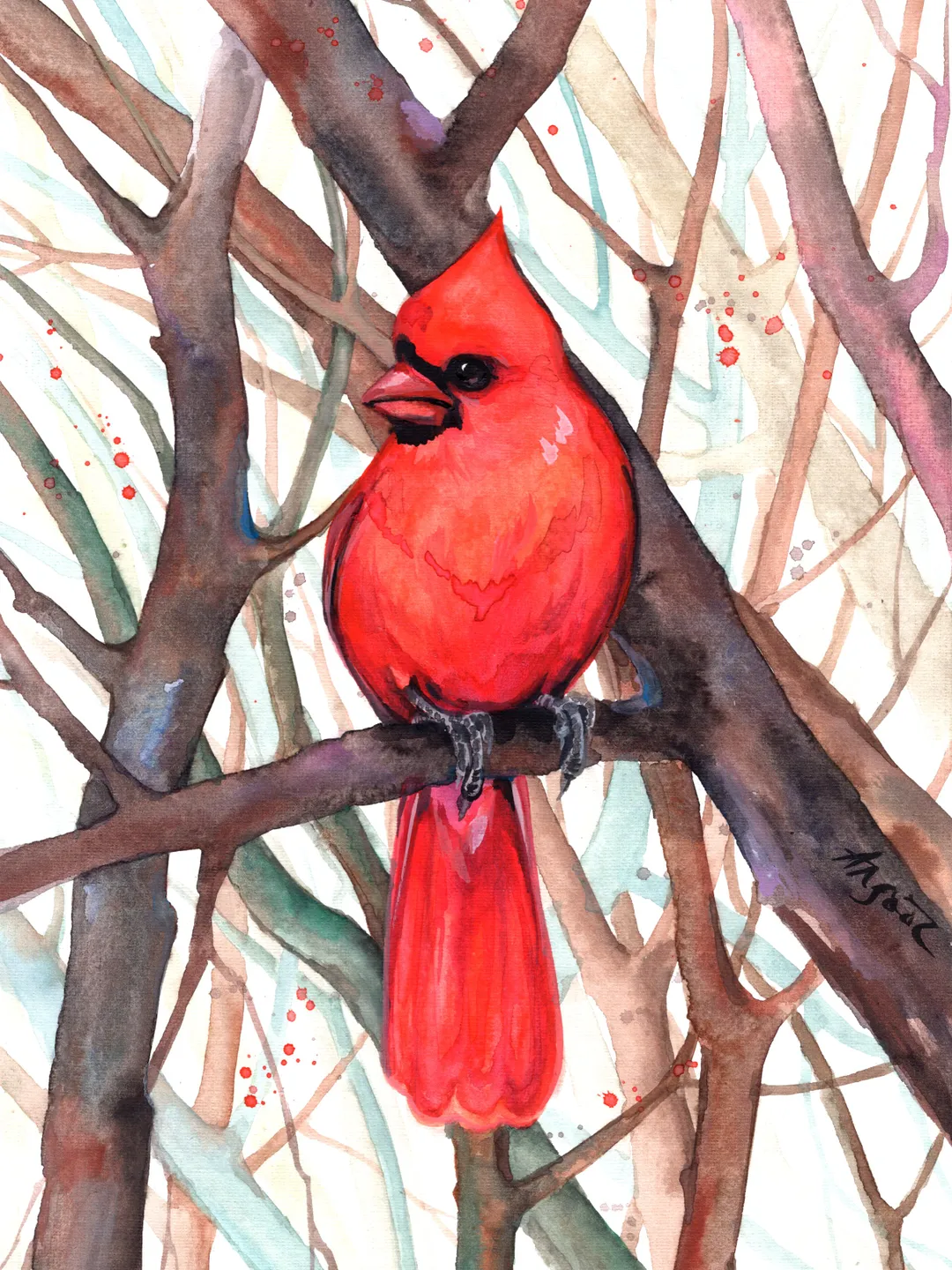 Red cardinal Bird Watercolor, bird painting, wall decor, birds lover gift, 8x11 in handmade art by Anne Gorywine