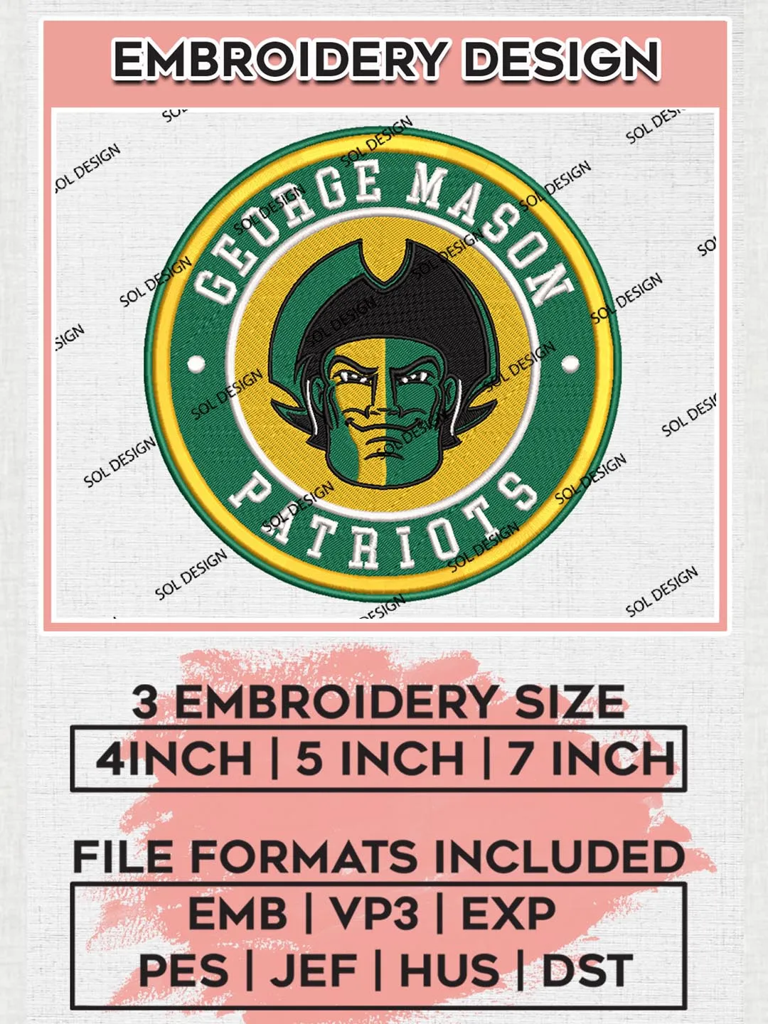 NCAA George Mason Patriots Round Logo Embroidery, NCAA George Mason Patriots Logo Embroidery files, NCAA embroidery designs, Machine embroidery designs, Digital Download