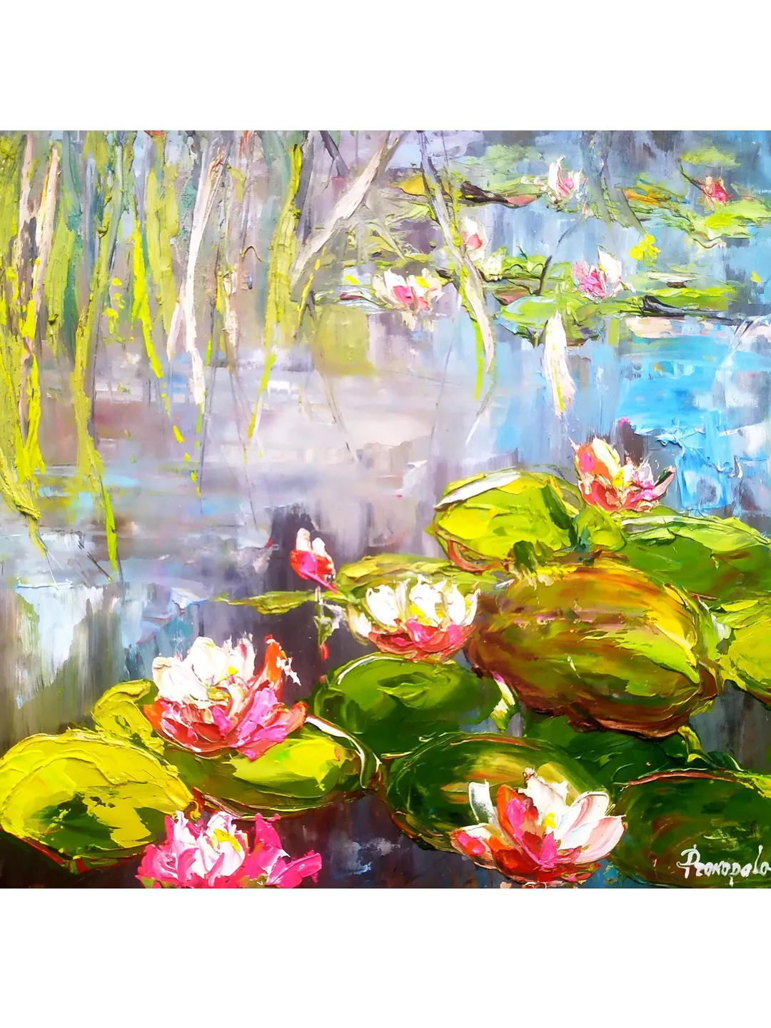 Lotus Painting Water Lily Original Art Impasto Flower Painting Floral Oil Artwork 10 by 12 inches by ArtProkopaloSv