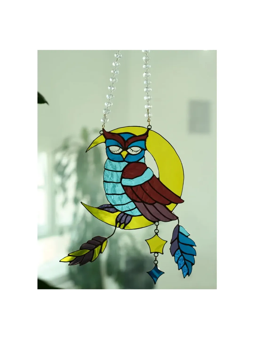 Stained Glass: Owl on the Moon, Stained Glass Owl on the Moon, Baby Room Hanging Owl and Stars, Moonlight Owl Stained Glass Mobile, Whimsical Owl and Moon Nursery Decoration, Handcrafted Stained Glass Owl for Kids' Room, Dreamy Owl and Moon Window Suncatc