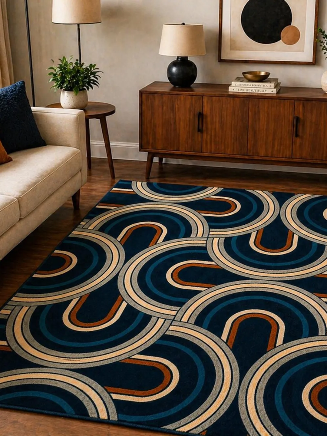 Arc Rug Navy Blue Geometric Arc Rug, Mid Century Modern Living Room Carpet