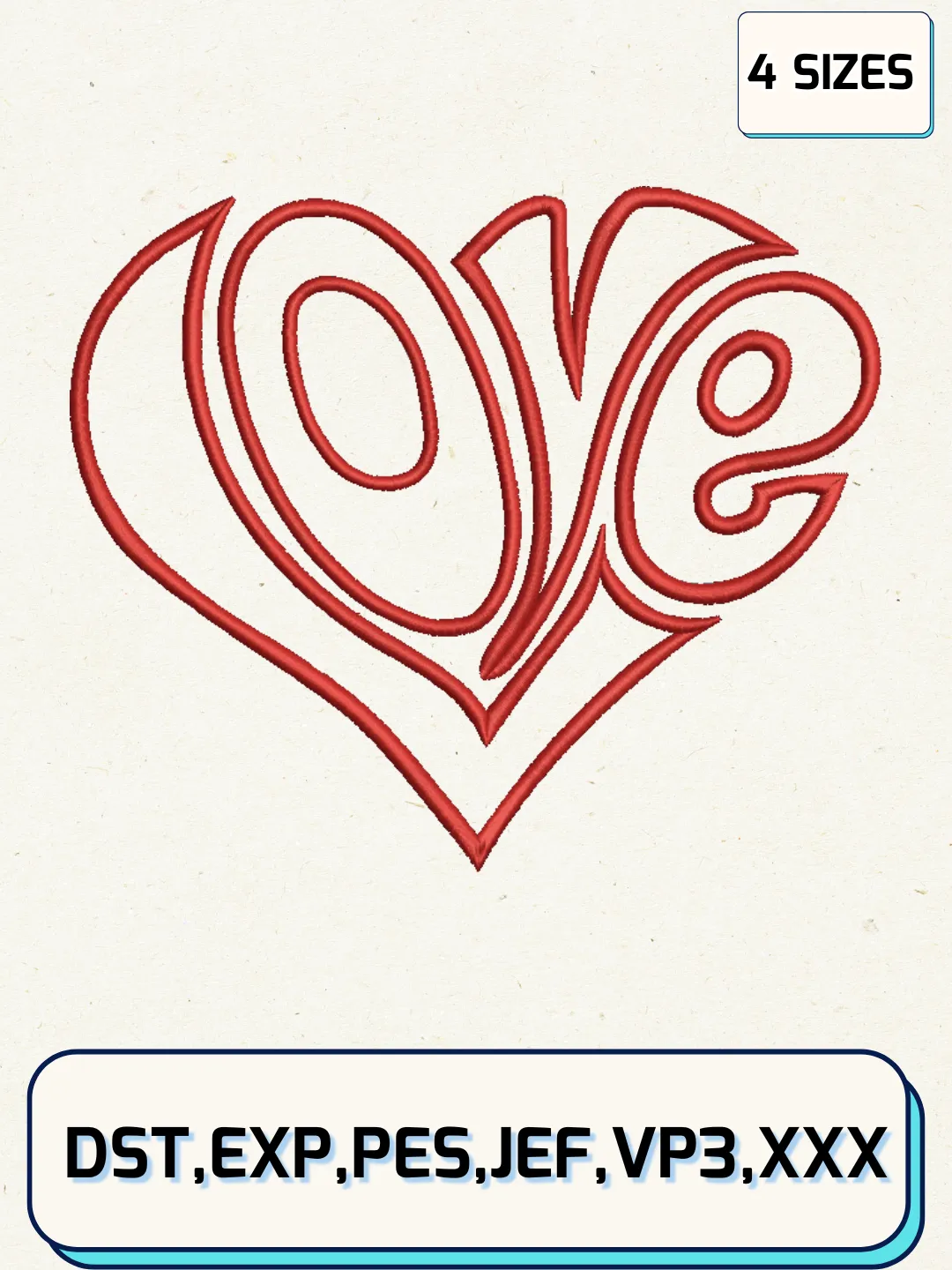 Applique Love Heart Embroidery Design Files, Valentine Logos Embroidery Designs, Machine Embroidery Files, 4 Sizes